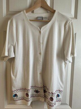 BLAIR L White Southwestern Embroidered Button Front Top Short Sleeve Folk Art